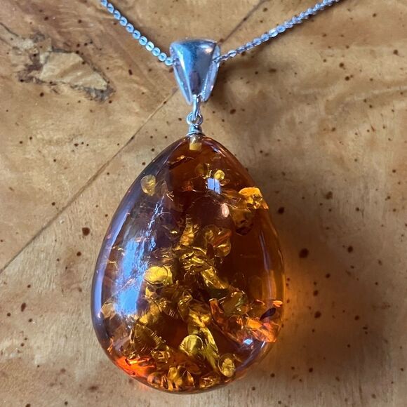 Natural Baltic Amber Sterling Silver Necklace - Picture 1 of 10